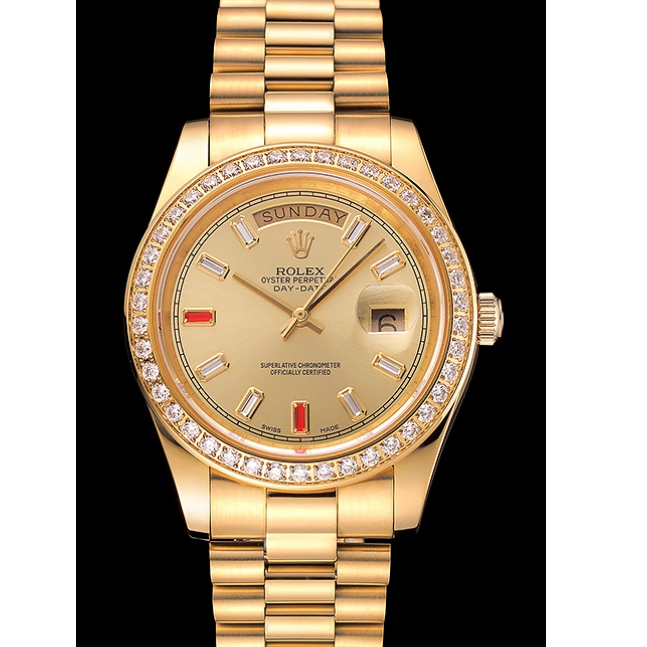 MiroTime 0812 Swiss Rolex Day-Date Diamonds And Rubies Champagne Dial Gold Bracelet 1454100